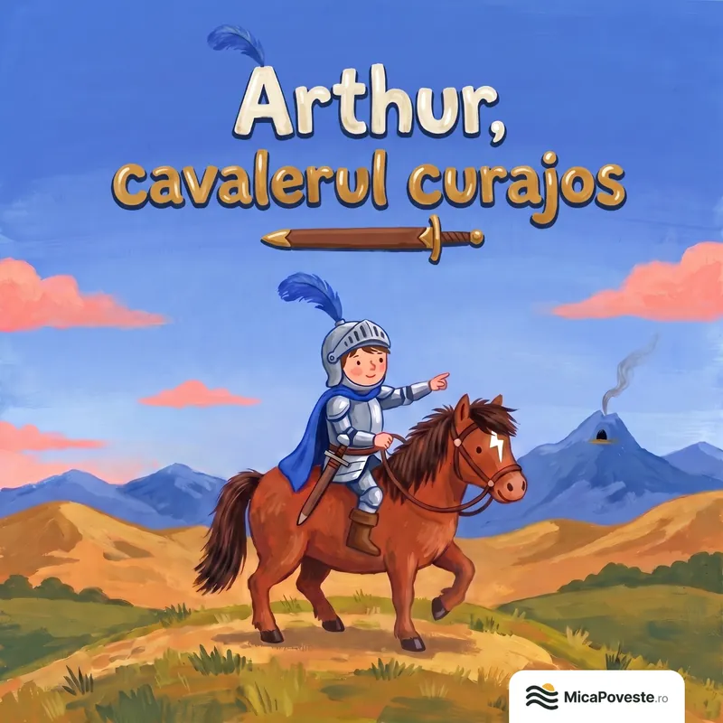 Coperta cărții „Arthur, cavalerul curajos”, cu Arthur călare pe căluțul Fulger