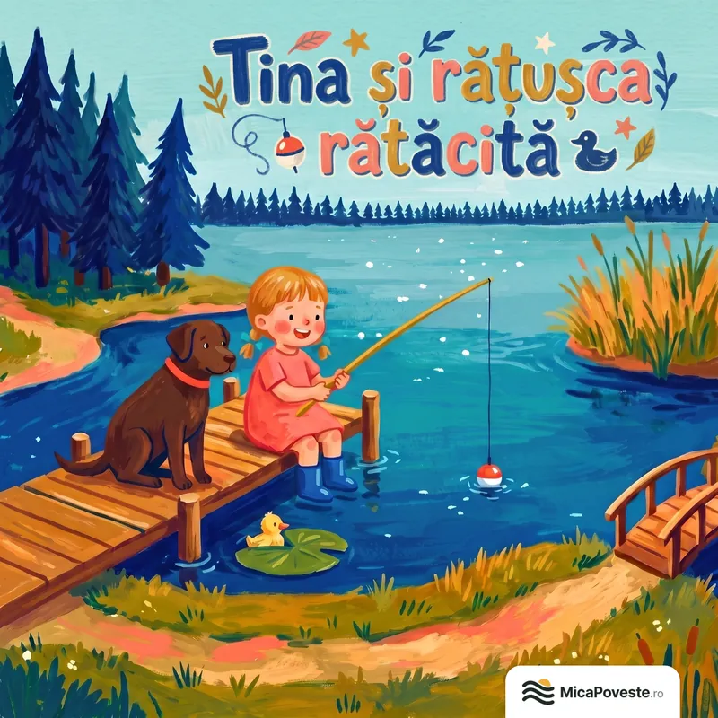 Coperta cărții „Tina și rățușca rătăcită”: Tina pescuiește pe ponton, lângă câinele Rey și o rățușcă pe o frunză de nufăr